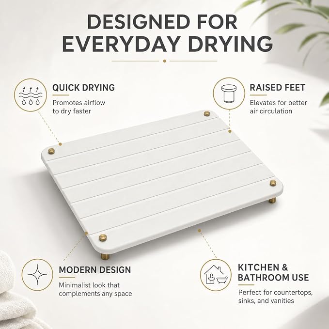 Stone Dish Drying Mat for Kitchen Counter, Water Absorbing Bathroom Tray Sink Organizer, Diatomaceous Earth Countertop Dish Rack Riser Sponge Holder Soap Dish, Gold White, 16" x 12"