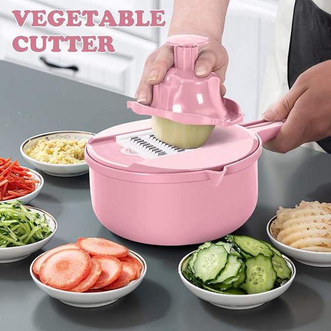 Mandoline Vegetable Slicer Set with 6 Interchangeable Blades, Grater and Peeler, Pink and Blue (Pink)