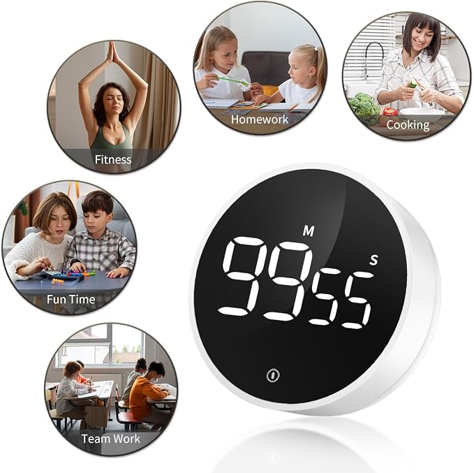 Digital Magnetic Kitchen Timer & Stopwatch with LED Display, White | Up to 99:55 Countdown & Count Up , Easy Twist Control, Adjustable Volume & Brightness, Magnetic Back, Battery Powered