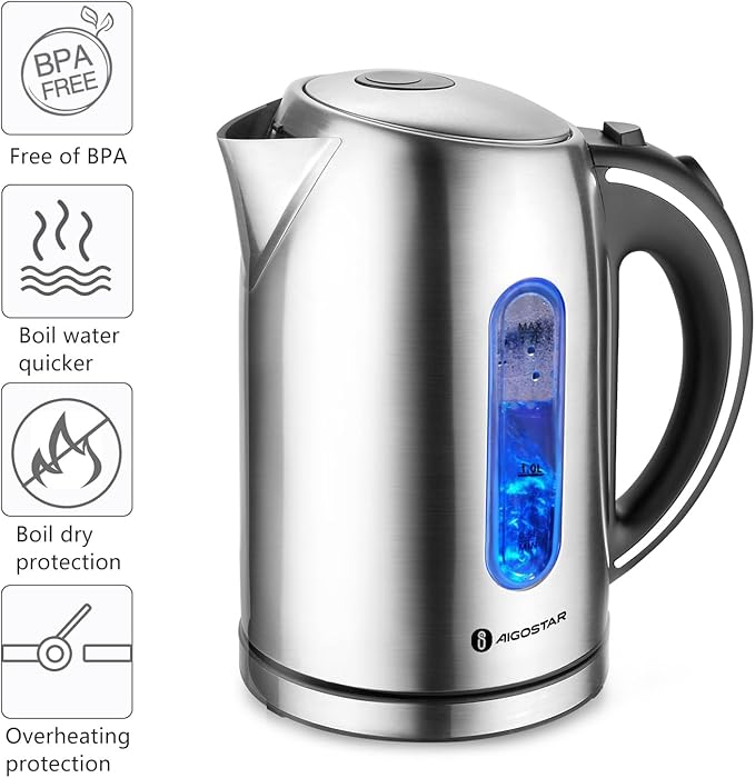Aigostar Electric Kettle Stainless Steel, 1.7 Liter, Sliver | Cordless Tea Kettle, 1100W Hot Water Kettle with Auto Shut-Off, BPA-Free