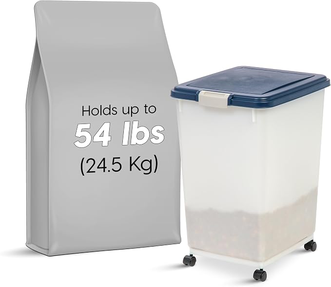 IRIS USA Dog Food Storage Container, Up to 54 lbs, Navy/Pearl, Made in USA | Wheels for Mobility, Airtight Seal, BPA-Free, Best for Bird Seed, Cat food, Cat Litter, Chicken Feed, Pellets