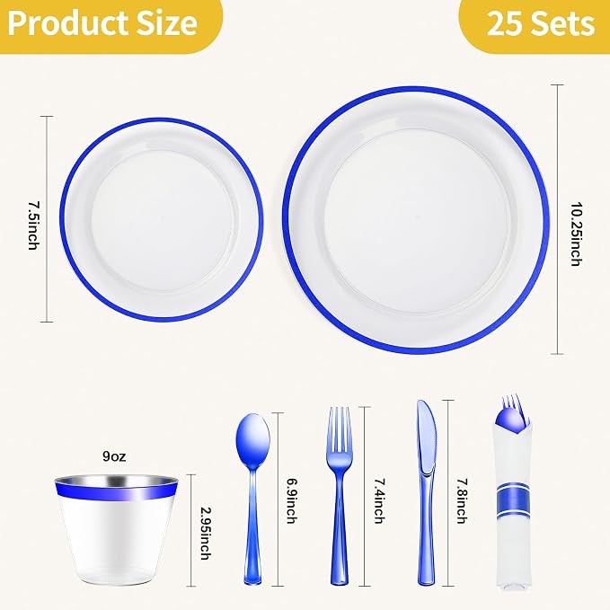 175 Pcs Clear Blue Plastic Plates Disposable for Party 25 Guests | Party Supplies Include: 25 Dinner Plates, 25 Dessert Plates, 25 Pre Rolled Napkins with Cutlery Set, 25 Cups for Graduation