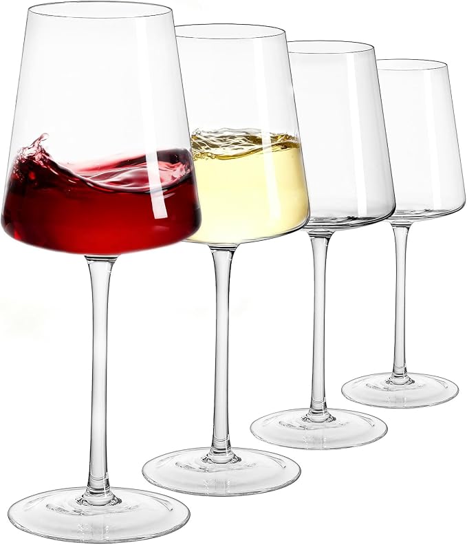 White Wine Glasses Set of 4, 13.5oz, Lead-Free, Dishwasher Safe | Hand Blown Crystal, Long Stem, Modern Square Design, Ready to Gift, Wedding Parties Christmas Daily Use