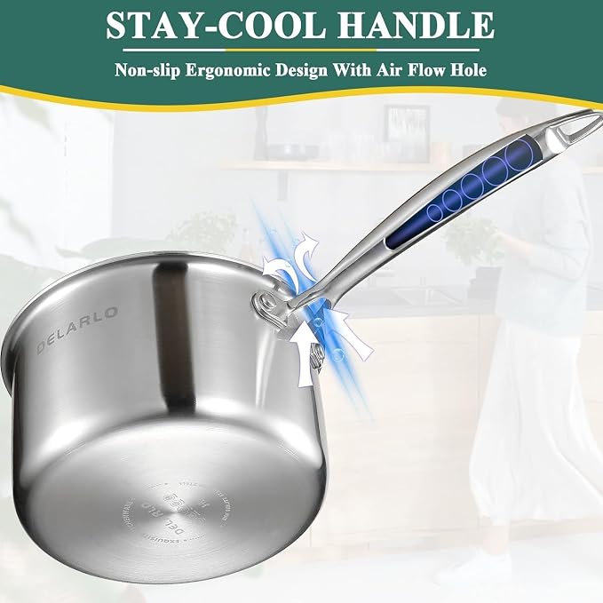 DELARLO Tri-Ply Whole-Clad Stainless Saucepan 3.5 Quart Steamer Set