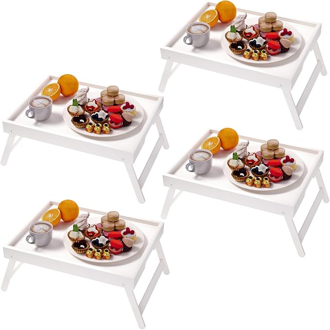 Fibogollo 4 Pack Bamboo Bed Tray Table with Folding Legs,Breakfast Trays,Serving Tray for Food and Snack,Laptop Trays for Working(White)