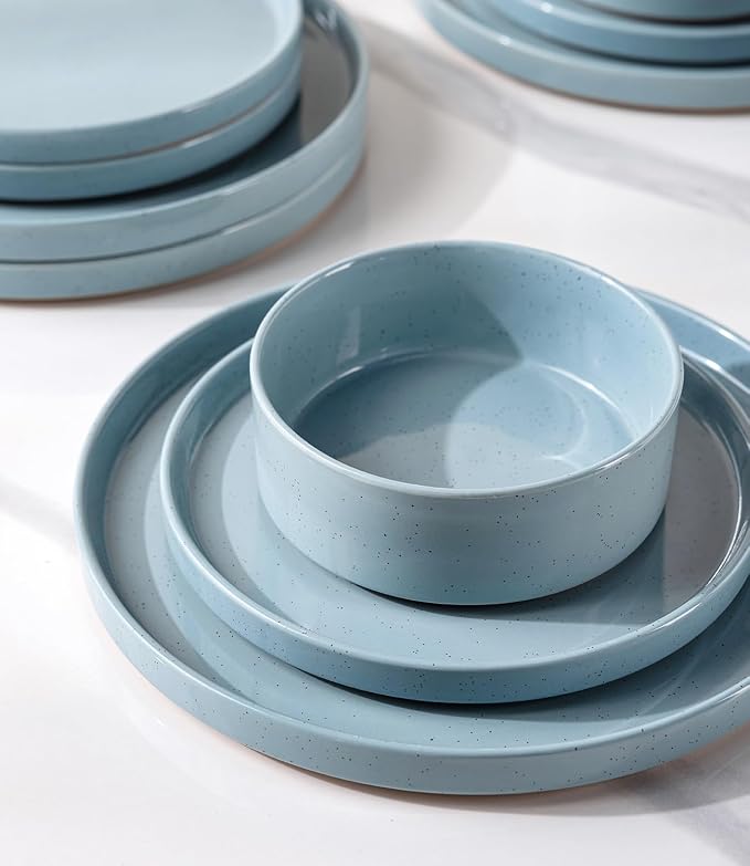 AmorArc Stoneware Dinnerware Sets for 4,12Pcs Plates and Bowls Set | Handmade Ceramic Dish Set,Dishwasher & Microwave Safe,Scratch Resistant-Light Blue