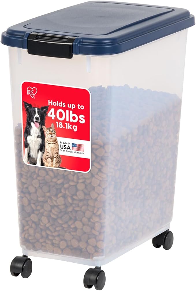 IRIS USA Dog Food Storage Container, Up to 40 lbs, Navy, Made in USA | Wheels for Mobility, Airtight Seal, BPA-Free, Best for Bird Seed, Cat food, Cat Litter, Chicken Feed, Pellets
