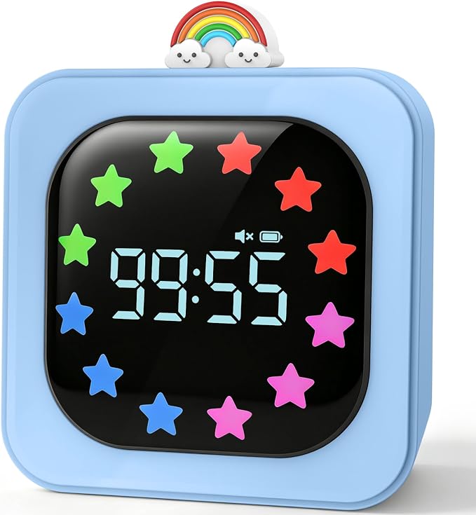Digital Visual Timer for Kids with 12-Star Rainbow Display & 9 Color Modes | 99-Minute Count-Up & Countdown Timer with Silent Mode & Pause for Classroom, Home, Kitchen, Rechargeable, Blue