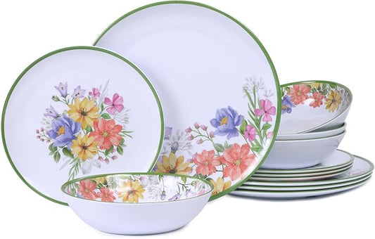12 Piece Floral Melamine Dinnerware Sets, Green Camping Dishes Set | Spring Lightweight Plates and Bowls Sets, Service for 4, Unbreakable Dishwasher Safe Dish Set for Indoor & Outdoor Use