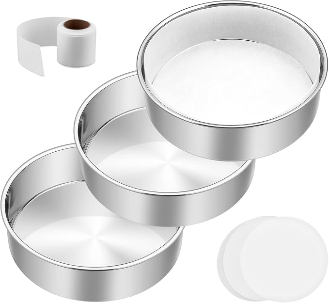 6 Inch Cake Pan Set of 3, E-Far Stainless Steel Round Layer Smash Cake Baking Pans with Parchment Rounds & Side Liner Roll, Non-Toxic & Healthy Metal Cakes Tin, Straight Side & Dishwasher Safe