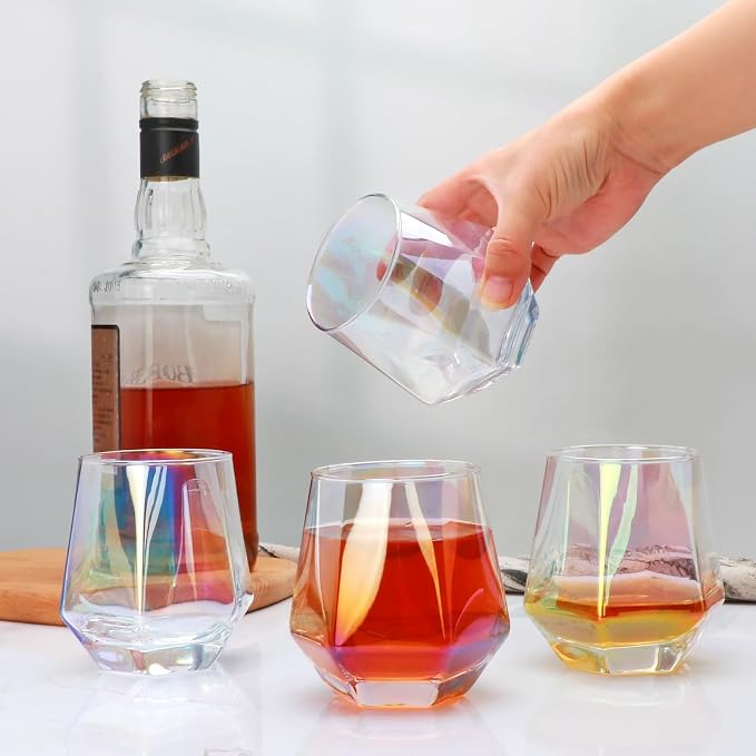Wine Glasses Set of 4, Iridescent Stemless Wine Glasses 10oz | Geometric Diamond Shaped Glass Cups, Red and White Wine, Whiskey, Cocktail, Bourbon, Juice, Water