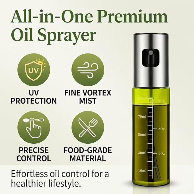 Oil Sprayer for Cooking - Olive & Avocado Oil Spray Bottle | 100ml Food Grade Glass Mister with Adjustable Nozzle for Kitchen Gadgets, Air Fryer, Salad, Frying, BBQ