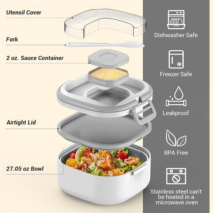 All-in-one Stainless Steel Bento Box with Insulated bag,Leak-Proof,1-Tier Bento box,Lunch Box With Portable Sauce Pod and Cutlery-for Kids/Toddler,Dishwasher Safe,White