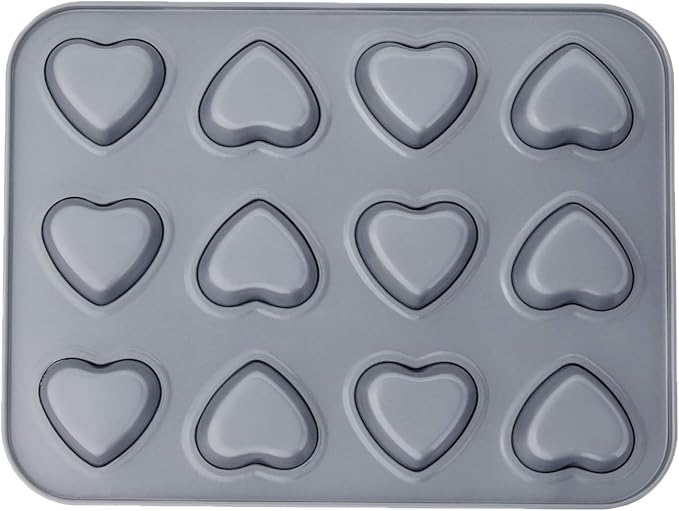 Fox Run Mini Heart Muffin Pan, 12-Cup, Preferred Non-Stick, Gray | Make Mini Heart Muffins & Cupcakes | Baking Pan For Valentine's & Date Nights | Easy Rlease Nonstick | Makes 12 Mini Hearts