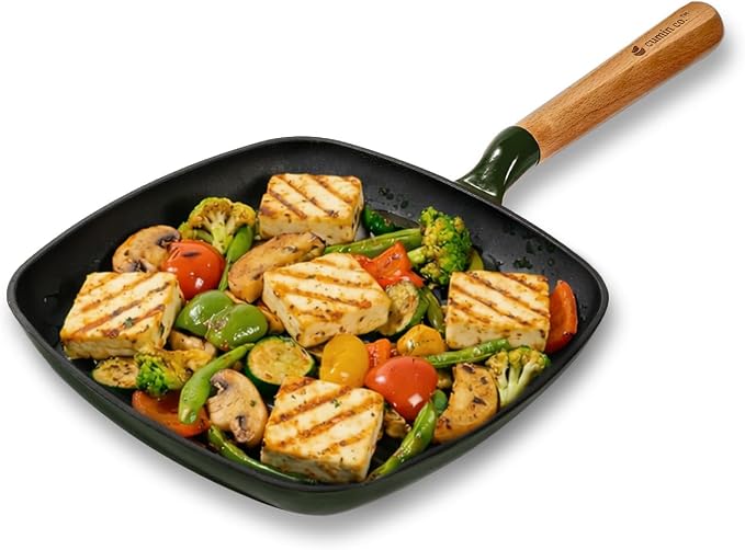 CUMIN CO. Enameled Cast Iron Grill Pan 10 Inch, 1.2 QT Grill Skillet – Non Toxic PFAS Free Cookware – 4 Layer Enamel Coating – Indoor Grill Pan for Steak, Chicken, Burgers & Vegetables (Green)