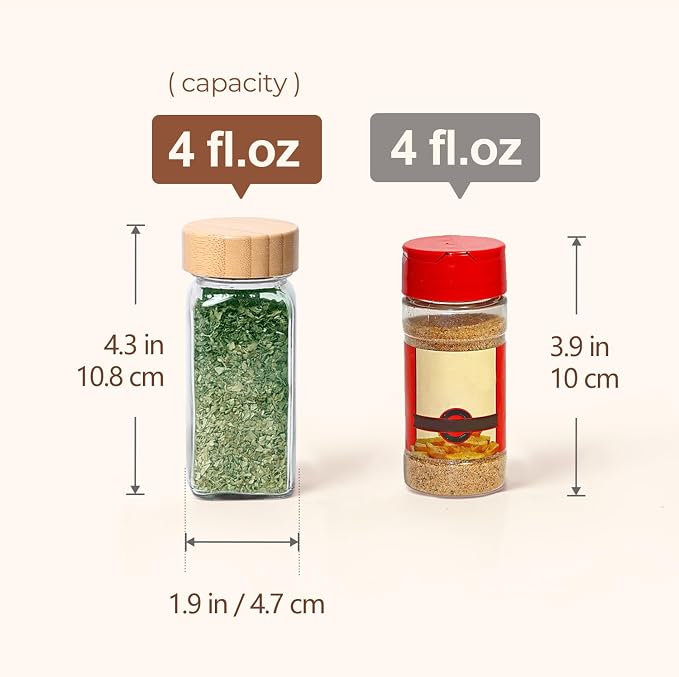 ComSaf Glass Spice Jars with with Labels 4 oz 6 Pack Small Bamboo Lids | Empty Containers, Seasoning Herb Powder, Salt Pepper Chili, Spice Rack Organization, Kitchen Cabinet Storage, Funnel Included