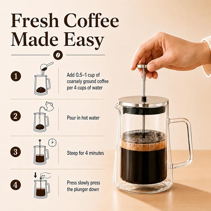 34oz Double Wall Glass French Press Coffee Maker, Borosilicate Glass, Heat Resistant