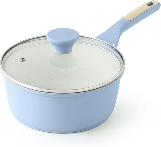 SENSARTE 2.5 QT Ceramic Nonstick Saucepan with Lid, PTFE/PFAS Free, Blue | Medium Cooking Pot with Stay Cool Handle, Induction Compatible Saucepot, Ceramic Coating