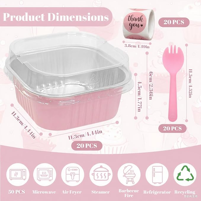 20 Pack 10oz Pink Mini Cake Pans With Lids, Aluminum Foil Square Brownie Baking Cups,Disposable 4”x4” Large Cupcake Pan,Jumbo Muffin Tin Ramekins Holders