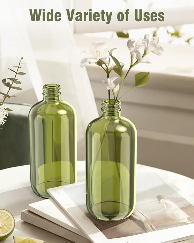 Bontip Glass Spray Bottle 16 oz for Cleaning, Plants (2 Pack, Olive Green | Refillable green spray bottle Set, BPA-free eco glass, With labels and funnel, Great for cleaners, plant misting, hair care