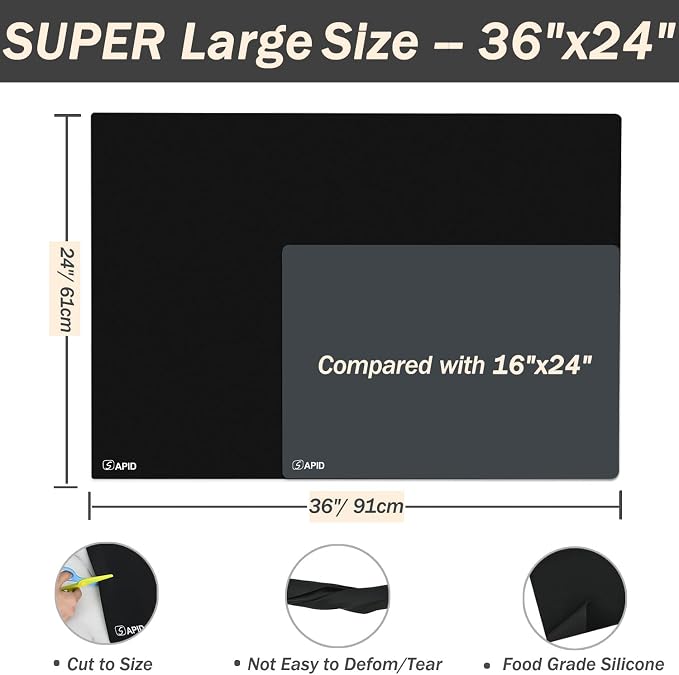 Extra Large Silicone Mat Kitchen Counter Heat Resistant Table Mat 36" x 24" | Place Mats, Countertop Protector , Thick Placemats Washable Silicone Mats for Kitchen Counter Dining Table Mat, Black , Sapid