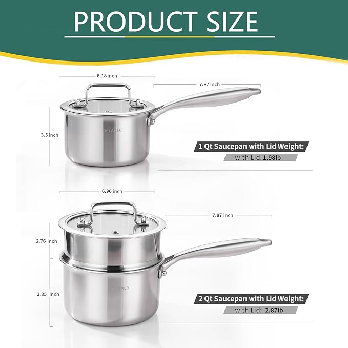 DELARLO Tri-Ply Stainless Steel Saucepan 1QT 2QT Kitchen Pot Set | Full-body Clad Cooking Set, Induction Cooking Sauce Pot Pan, Fast Even Heat, Heavy Duty Saucier Cookware