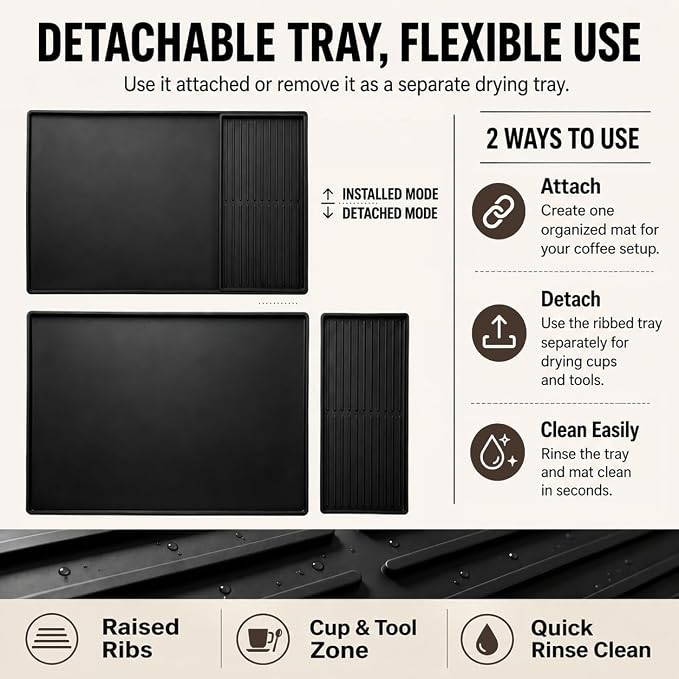 Silicone Coffee Mat 24 x 16 in with Tray, Classic Black | Coffee bar mat for countertop use, coffee station mat or coffee machine mat with removable tray and 0.47 in raised rim.