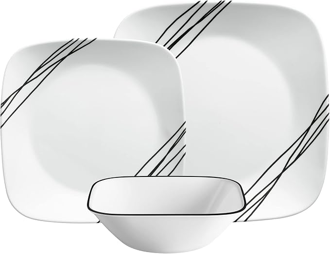 Corelle Dinnerware Set (12pc, Simple Sketch)-Dinner for 4 Includes x: Dinner Plates, Side & Bowls 3 X More Durable, Half The Space Weight of Ceramic up to 80% Recycled Glass, 1146920