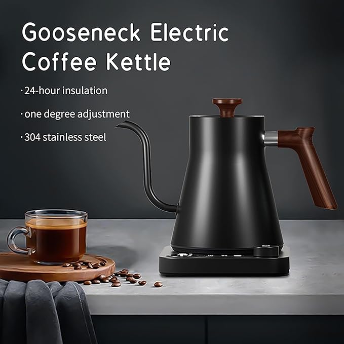 Gooseneck Electric Kettle, Black, 0.9L | ±1℉ Temperature Control, 304 Stainless Steel, Ultra-Quiet, Auto Boil Detection, 8 Safety Protections & Memory Function