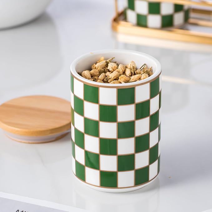 Kitchen Countertop Ceramic Checkered Canisters,Black And White Food Storage Containers With Lid,Airtight Kitchen Canisters for Flour, Sugar, Coffee, Tea, and Dry Goods (Green, Small)