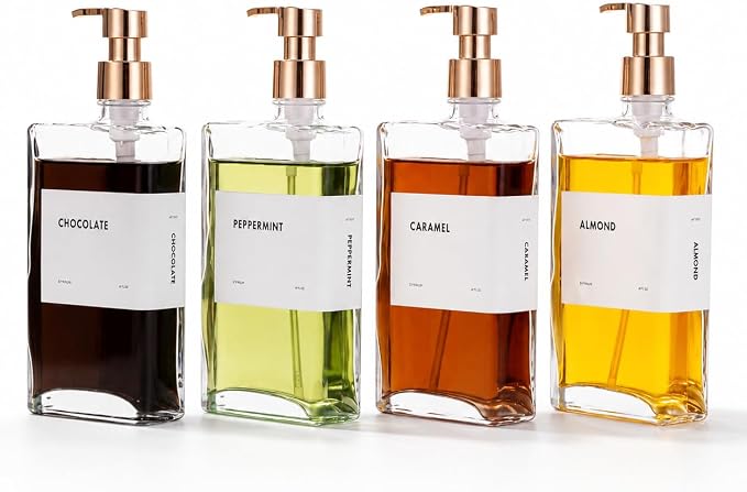 Glass Coffee Syrup Dispensers with Pumps, Syrup Bottles with Label Set - Essential Coffee Bar Accessories, 11.8 oz/350ml, Set of 4