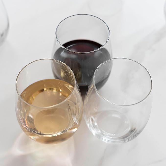 Premium Stemless Wine Glasses Set of 6, 15 oz All-Purpose Beverage Glasses | Lead-Free Crystal Glasses for Red & White Wine, Clear Drinking Glasses for Water, Juice, Cocktails, Gift Box, Dishwasher Safe