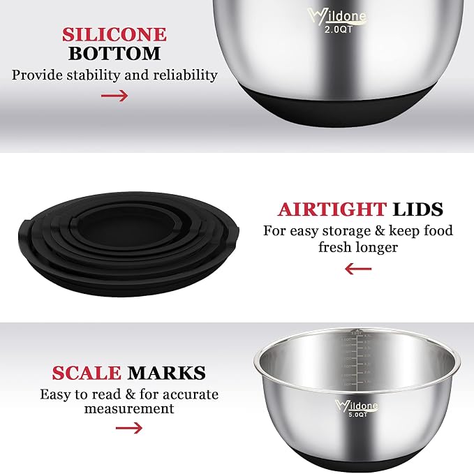 Wildone Mixing Bowls with Airtight Lids, Stainless Steel Mixing Bowls Set | Metal Bowls with 3 Grater Attachments & Non-Slip Bottoms, Size 5, 4, 3, 2,1.5, 0.63QT, Includes Utensil Set for Prep, Black