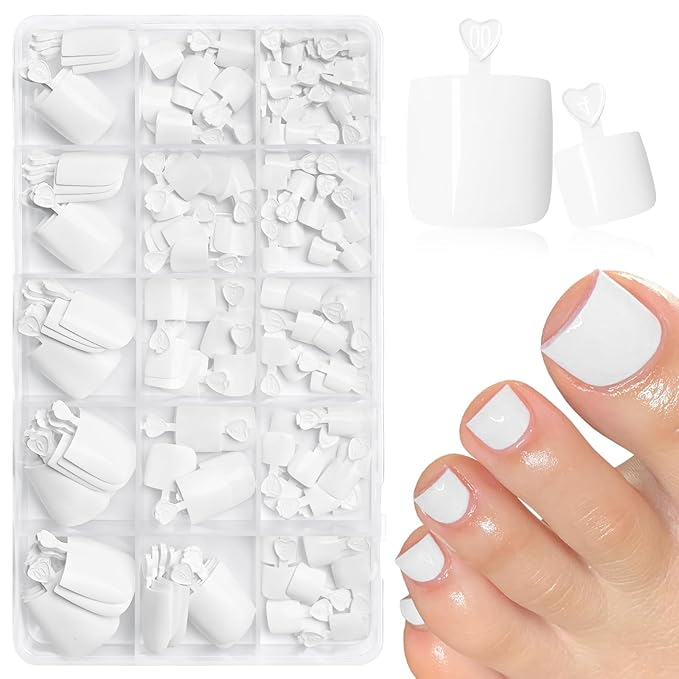 AddFavor 160pcs White Press on Toenails for Women, Full Cover Fake Toe Nail Tips with Adhesive Tabs, Artificial Pedicure Toe Nail Press ons, White False Toenail Press ons