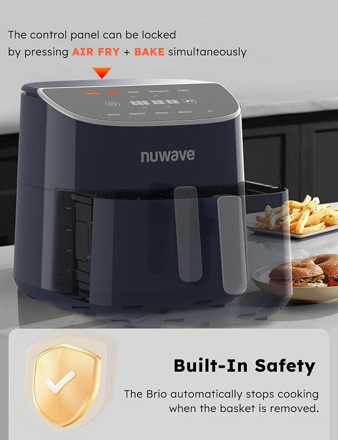 Nuwave Brio Plus 8 Qt Air Fryer, PFAS Free, New & Improved, 50-400°F in 5°F | Digital Touchscreen, Cool White Display, Ceramic Nonstick Coating, 5 Modes, 100 Presets/50 Memory, 700/1500/1800W, Deep Blue