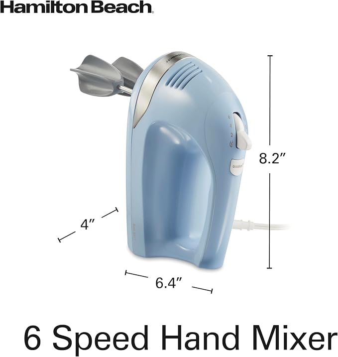 Hamilton Beach 6-Speed Electric Hand Mixer with Whisk,Dough Hooks and Easy Clean Beaters,Powerful 275 Watt Motor,Snap-On Storage Case,Blue,(Pack of 2)