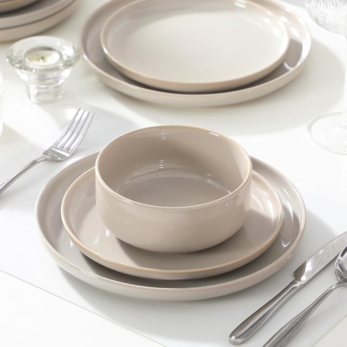 vancasso PLAYA Plates and Bowls Sets,12 Pieces Grey Dinnerware Sets for Kitchen,Reactive Glaze Dishes Set for 4,Dishwasher and Microwave Safe