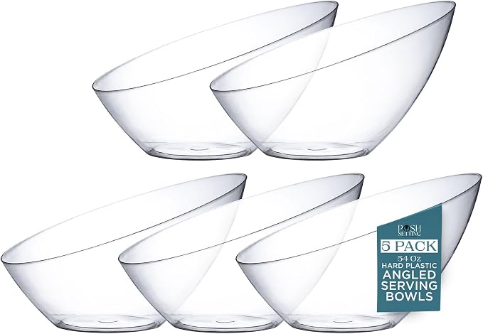 5 Pack White Angled Plastic Serving Bowl Disposable for Party Table 54oz | Angled Bowl Design. Chip, Candy, Salad & Fruit Use. Disposable Party Tableware. Buffet & Wedding Serving. White Plastic.