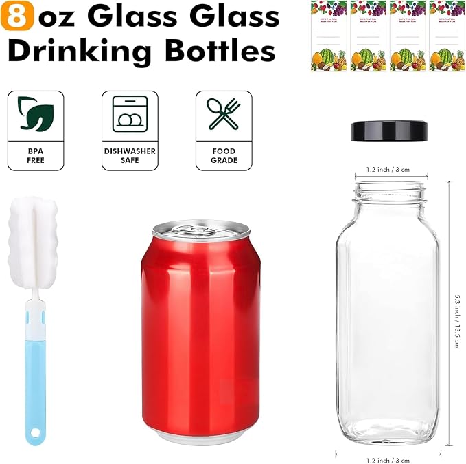 3 Pack 8 oz/250mL Glass Juice Bottles with Lids & Labels, Reusable Travel Juice Storage Containers, Clear Glass Drink Jars for Juicing, Water, Ginger, Wellness Shots - Leakproof, Dishwasher Safe