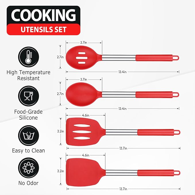 Large Silicone Cooking Spatulas and Spoons, BPA Free, 4 Pack (Red) | Slotted & Solid Stainless Steel Cooking Utensils Set, Non-stick Heat Resistant Kitchen for Baking, Fried, Stir-Fry, Serving