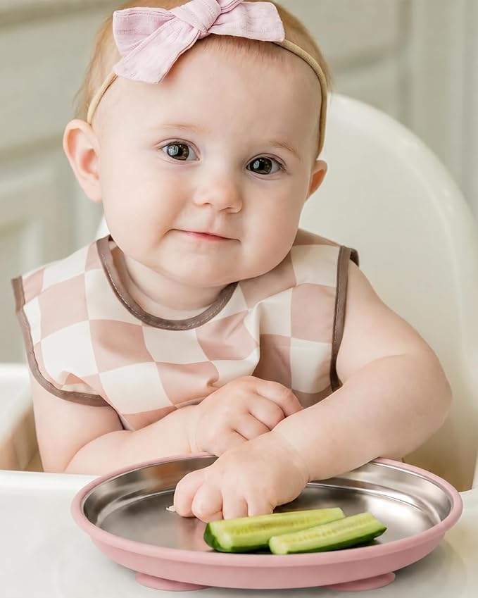 Bakpoco Stainless Steel Suction Plates for Baby, Kids Snack Dishes | 8" Stainless Steel Toddler Plates Open Kids Plate with Silicone Suction Non Toxic Dishwasher Safe Dinnerware Set of 3