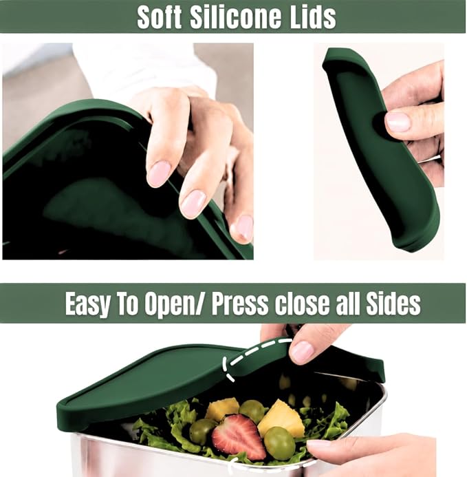 Flexibento - 47 OZ Leak proof Stainless Steel Lunch Box Containers with Silicone Lids, Steel Bento Box, Metal lunch Box, ForestGreen-47OZ-Set Of 2