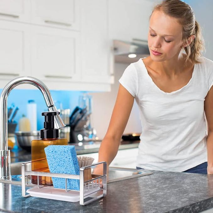 HULISEN Kitchen Sink Sponge Holder, 304 Stainless Steel Kitchen Soap Dispenser Caddy Organizer, Countertop Soap Dish Rack Drainer with Removable Drain Tray, not Including Dispenser and Brush | Removable Drain Tray, Holds Sponges Soap Bottles Brushes, C...
