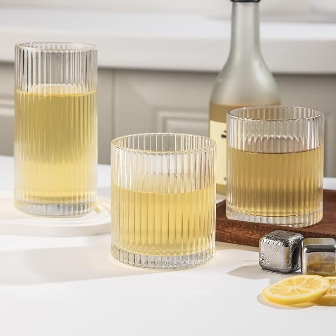 Ribbed Drinking Glasses 6pcs, 12oz and 10oz Glassware, Tumbler Glasses Cup Set for Wedding, Party, Christmas Gift, Clear
