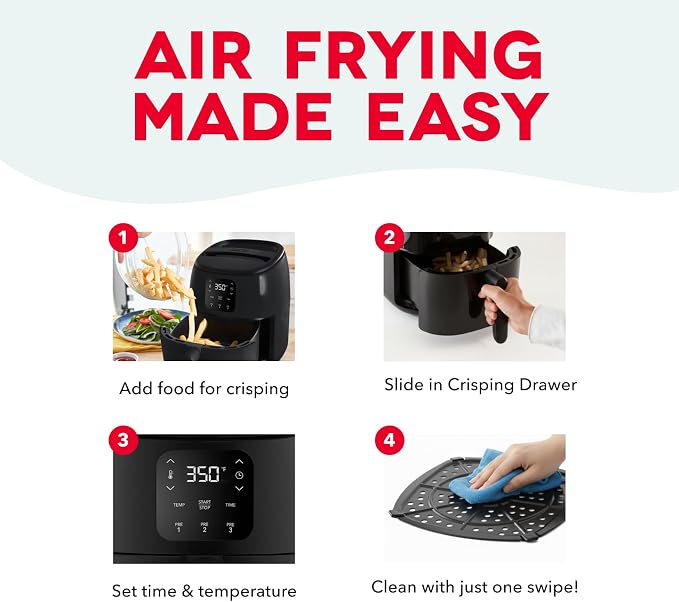 Dash Tasti-Crisp Digital Air Fryer, 2.6 Quart, Black | Small Compact Basket Style Air Fryer for One or Two People, Auto Shut Off, Adjustable Temperature, Dishwasher Safe Parts