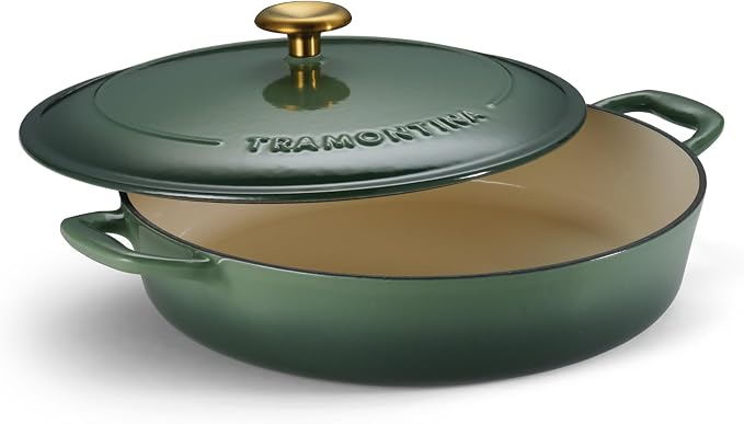 Tramontina Bestow Enameled Cast Iron 4-Qt Braiser Pan with Lid, Cactus | Oven-to-Table Casserole Dish, Great for Shallow Braises & Simmers