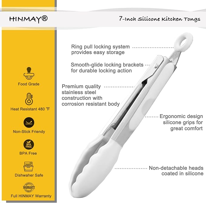 HINMAY Mini Tongs with Silicone Tips 7-Inch Serving Tongs, Set of 3 (White)