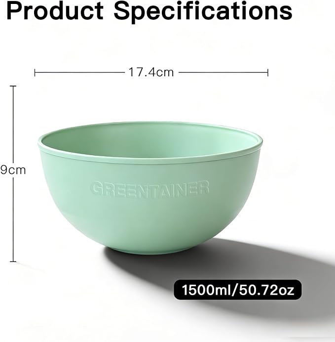 Greentainer 50 Oz Unbreakable Cereal Bowls Set of 4, Microwave and Dishwasher Safe, Reusable Plastic Soup Bowl for Salad, Oatmeal, Rice, Fruit, Snacks, BPA-Free (Green)