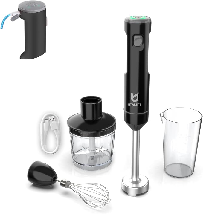 UTALENT Cordless Hand Blender with Chopper for Smoothies, Baby Food & Soups | Variable speed immersion blender, Brushless Motor, USB-C rechargeable, Long-lasting, 500ml chopper, 600ml vessel, Egg whisk