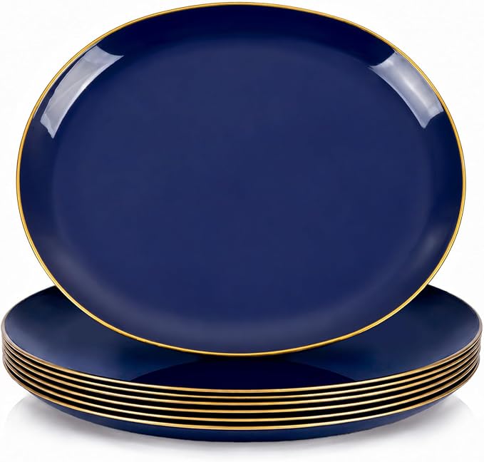 6PCS Oval Blue Plastic Plates - 10"x12" Navy Blue and Gold Plastic Platters - Heavy Duty Oval Disposable Serving Trays for Parties/Birthday/Weddings/Catering/BBQ